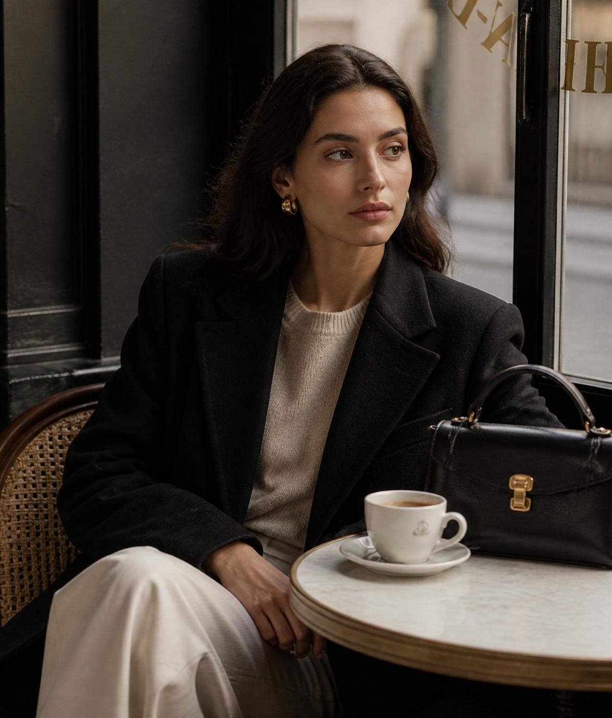 Mulher elegante em café com bolsa Praff preta sobre a mesa