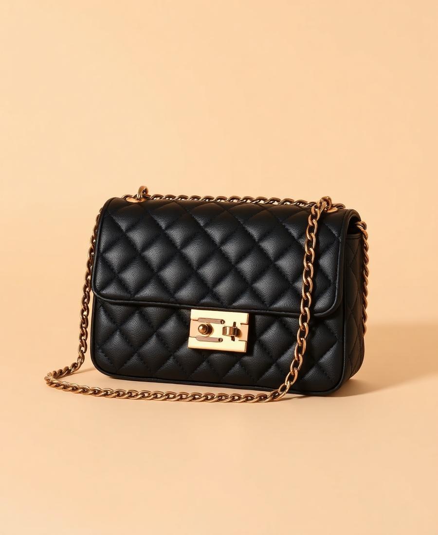 Praff Noir — Bolsa matelassê preta com corrente dourada, ícone atemporal.
