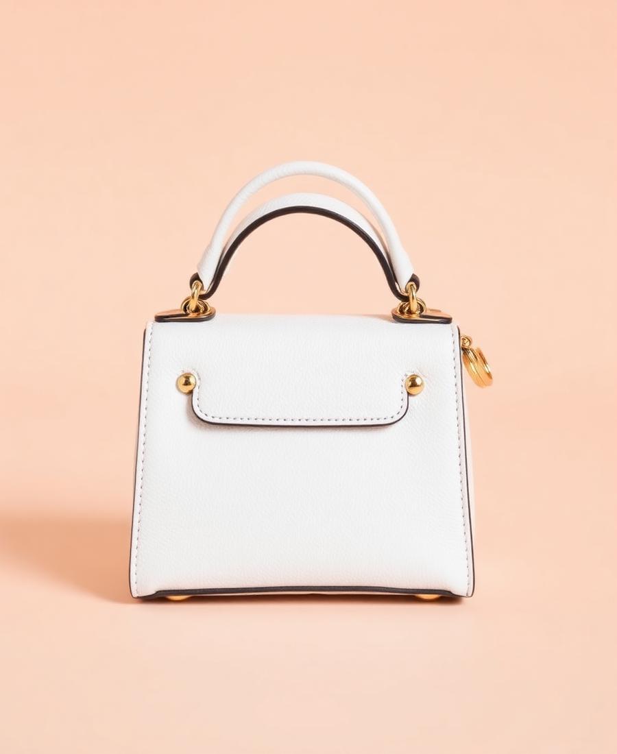 Praff Petit — Mini bag branca com detalhes dourados. Elegância compacta.