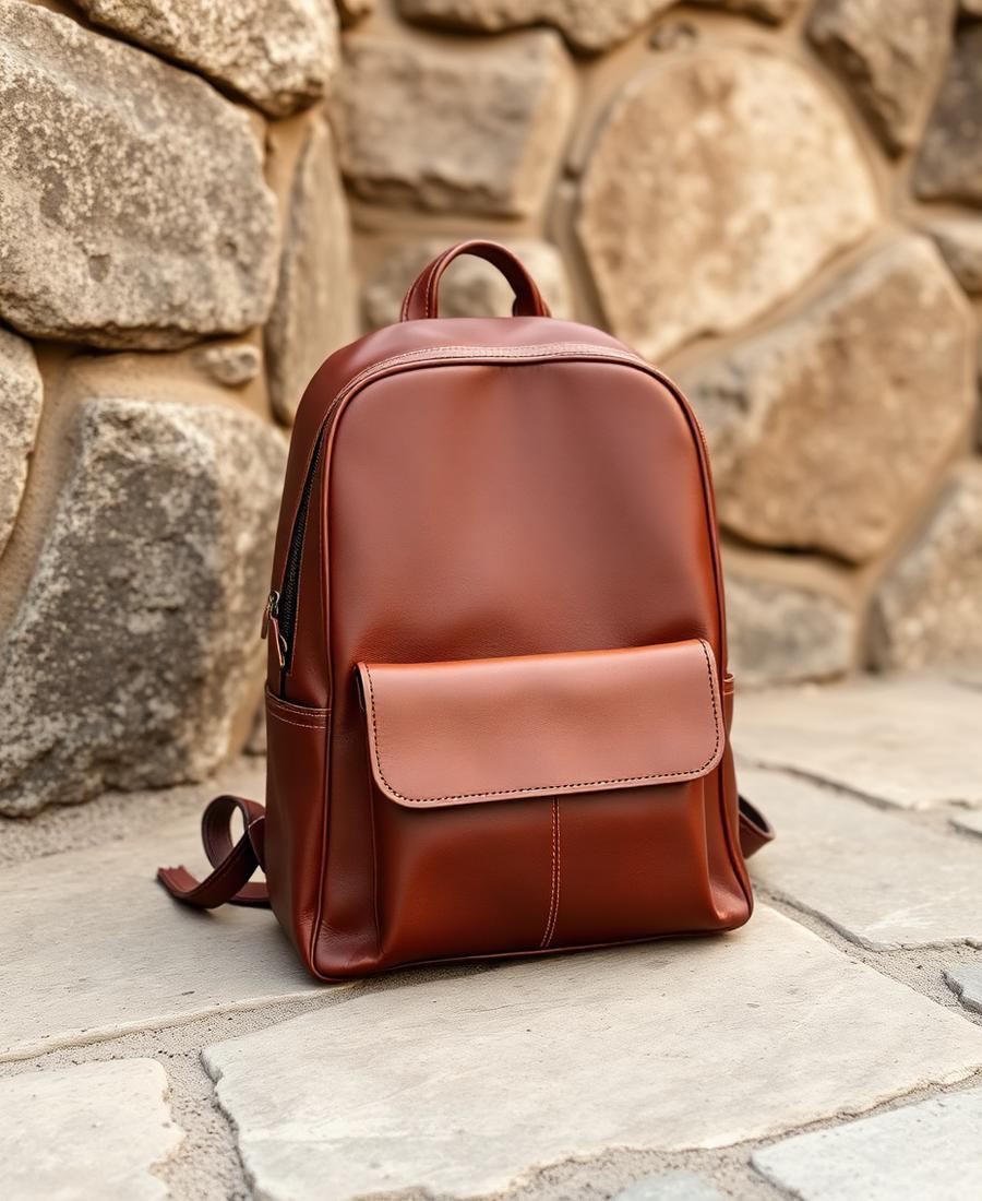 Praff Nomad — Mochila em couro cognac com acabamento artesanal.