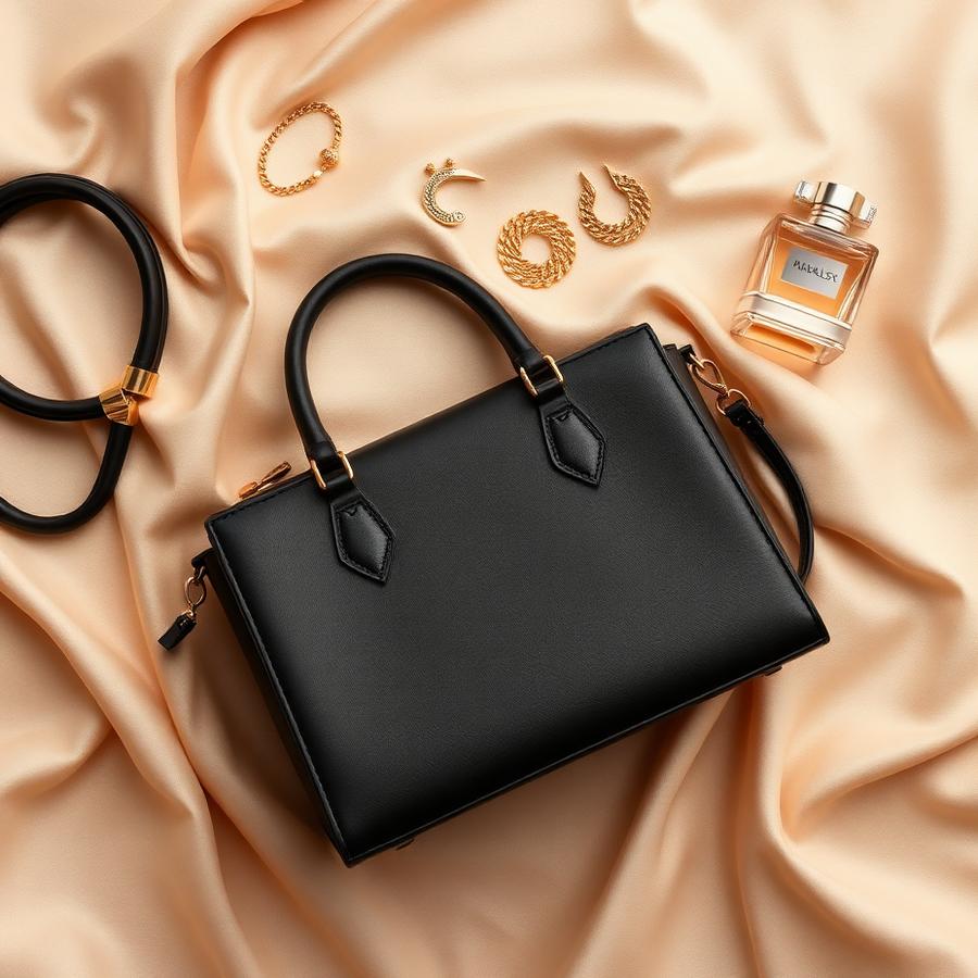 Flat lay de bolsa preta e acessórios